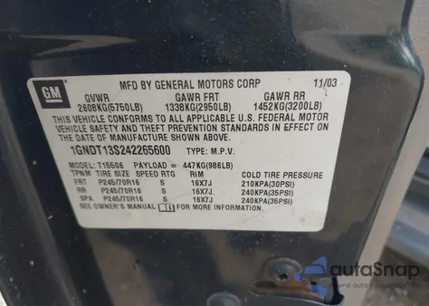 2004 Chevrolet Trailblazer Lt from USA, damaged, VIN 1GNDT13S242265600